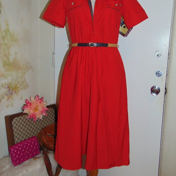 RARE Vintage NOS Sasson Hong Kong Red Cotton A-Line Belted Short Sleeved Dress - Picture 5 of 13